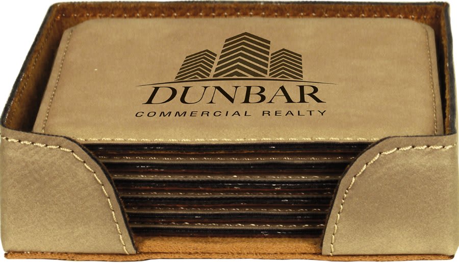 Square laserable leatherette coaster set, tan top with gold logo and stitched edges