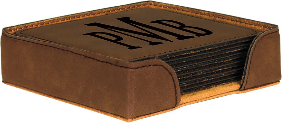 Square laserable leatherette coaster set, brown top with dark logo and stitched trim