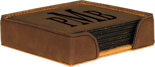 Square laserable leatherette coaster set, brown top with dark logo and stitched trim