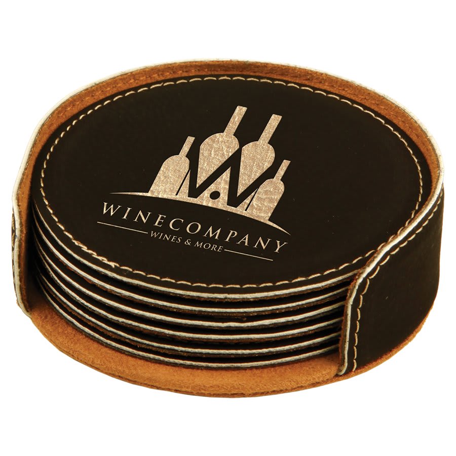 4-inch round laserable leatherette 6-coaster set, black coasters with gold Wine Company logo