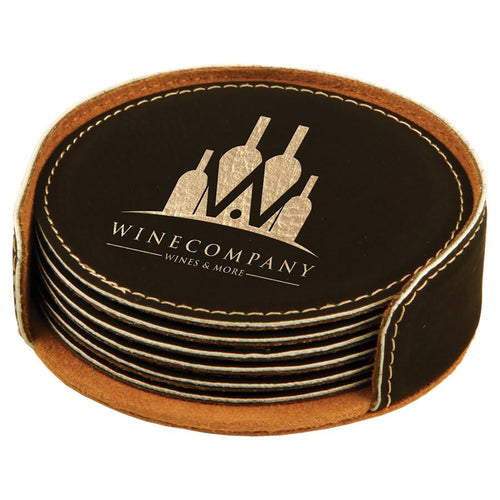 4-inch round laserable leatherette 6-coaster set, black coasters with gold Wine Company logo