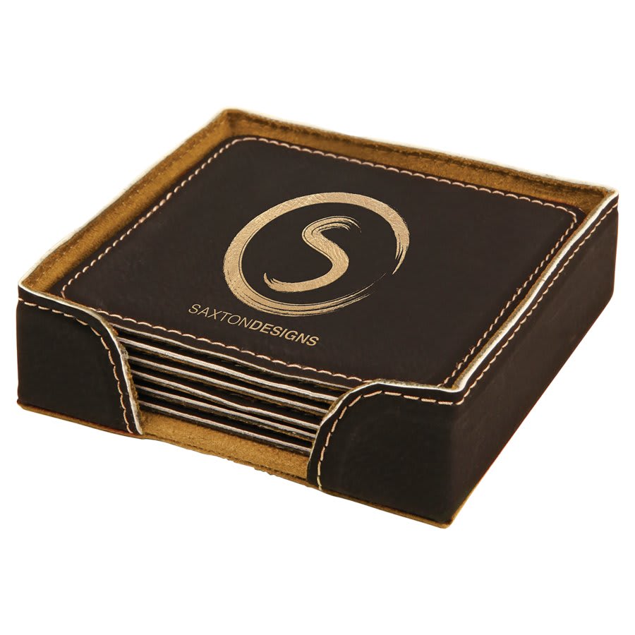 Square laserable leatherette coaster set, black top with gold swirl logo and tan stitching