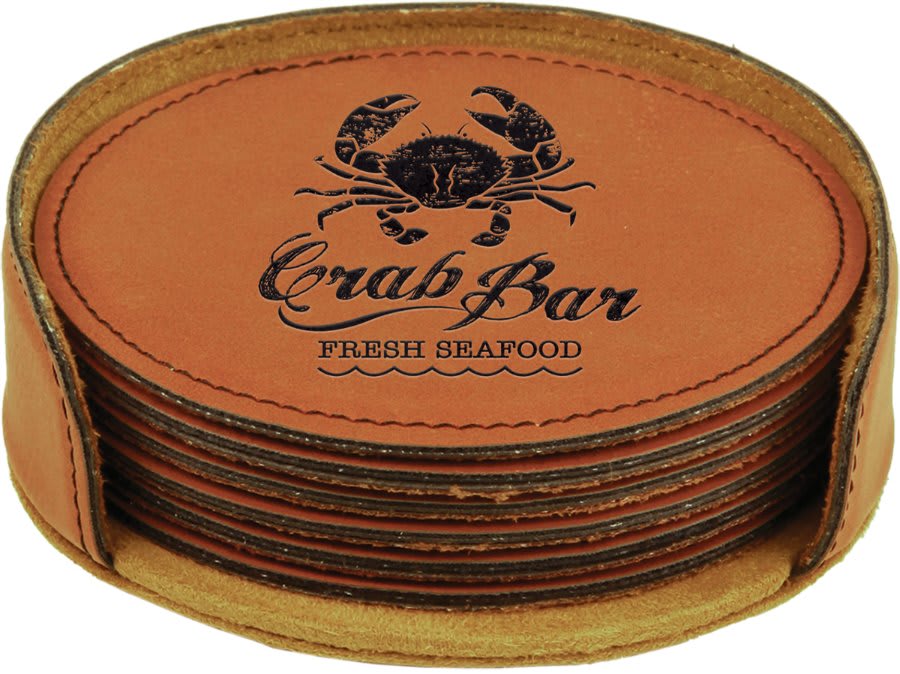 4-inch round laserable leatherette 6-coaster set, tan crab bar coasters with stitched edge