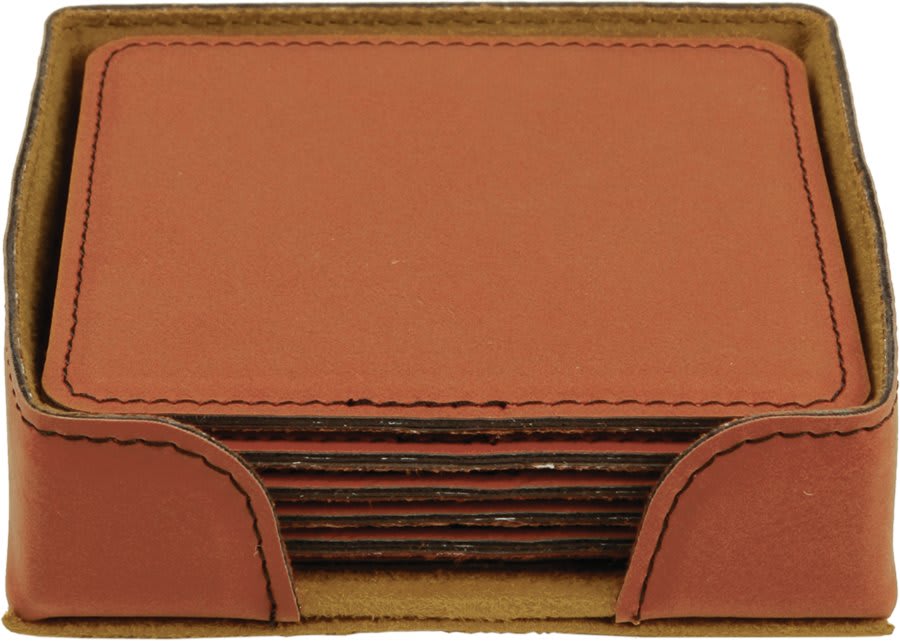 Square laserable leatherette coaster set, rust orange top with tan stitched border