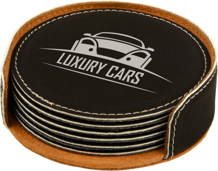 4-inch round laserable leatherette 6-coaster set, black coasters with Luxury Cars graphic