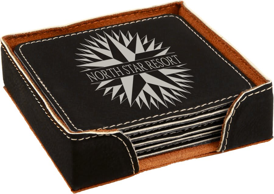 Square laserable leatherette coaster set, black top with white logo and brown border