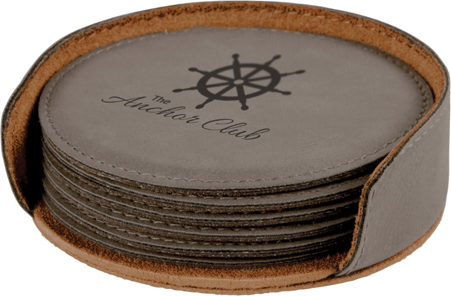 4-inch round laserable leatherette 6-coaster set, gray coasters with anchor logo
