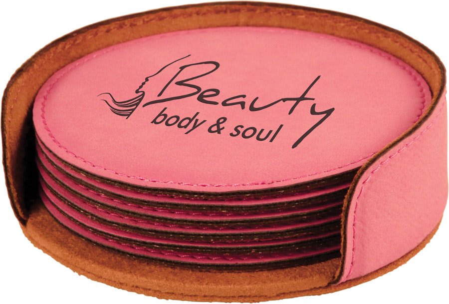 4-inch round laserable leatherette 6-coaster set, pink coasters with Beauty body & soul design