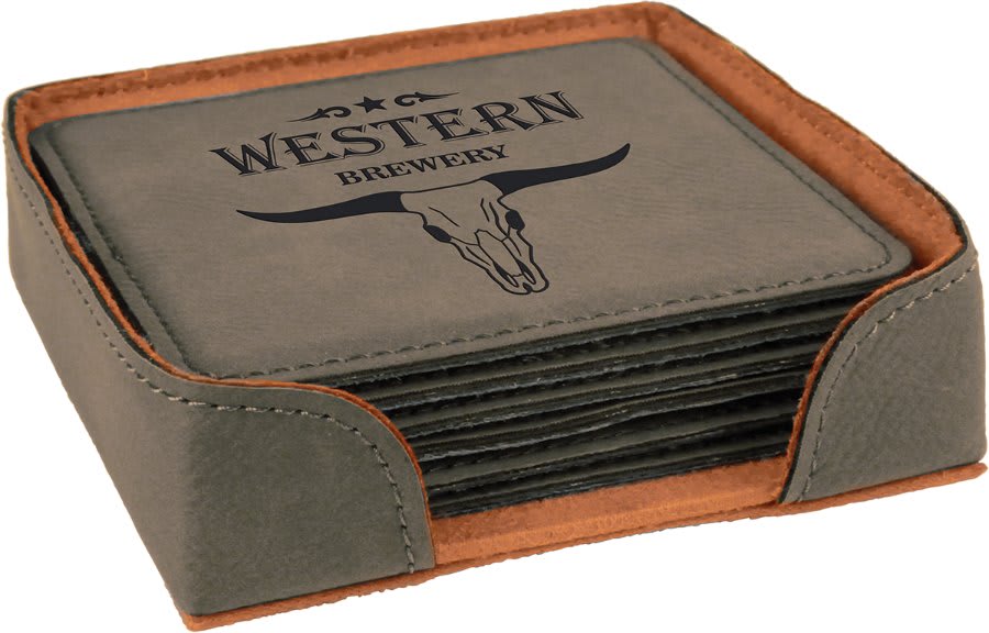 Square laserable leatherette coaster set, gray top with Westin bull logo and orange-brown trim
