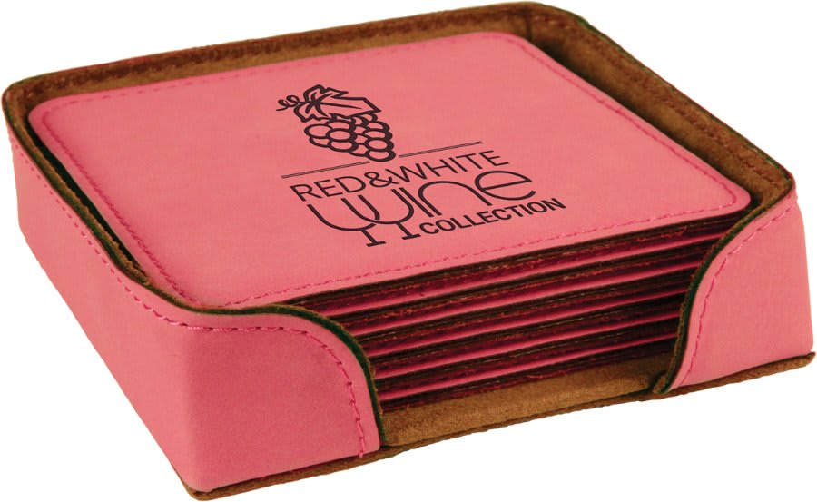Square laserable leatherette coaster set, pink top with brown edges and stitched trim
