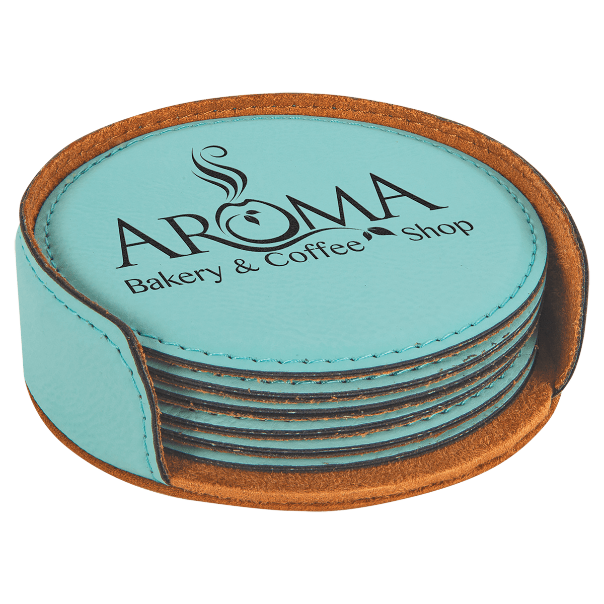 4-inch round laserable leatherette 6-coaster set, teal coasters with AROMA Bakery & Coffee Shop