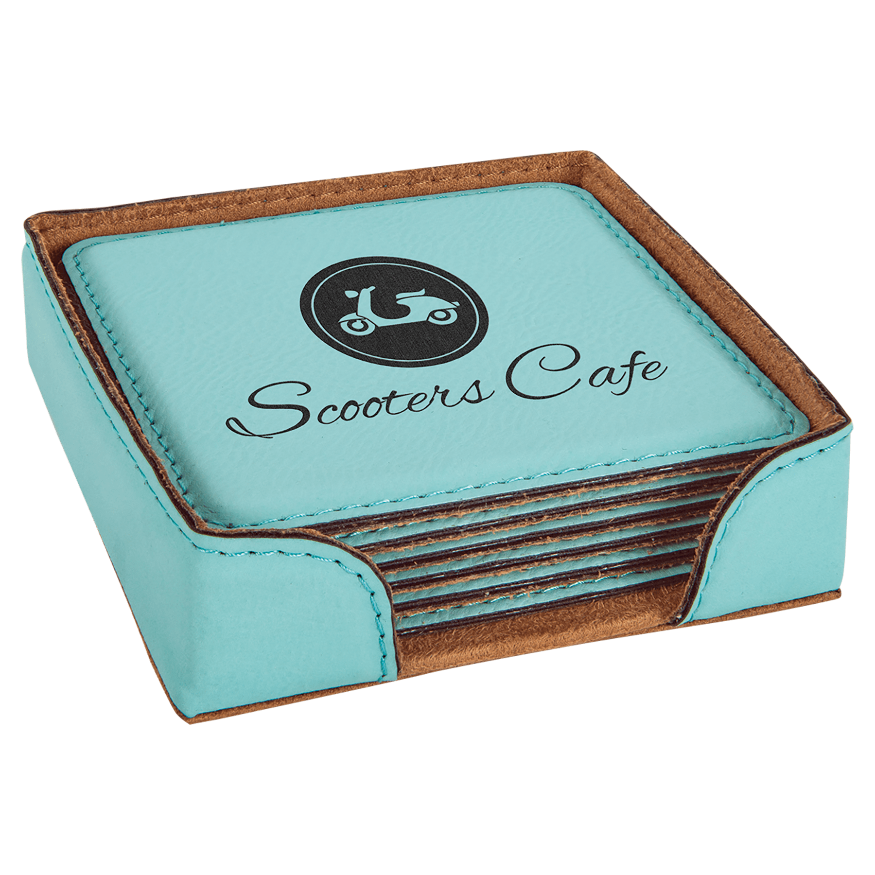 Square laserable leatherette coaster set, light blue top with “Scooters Cafe” logo and brown edges
