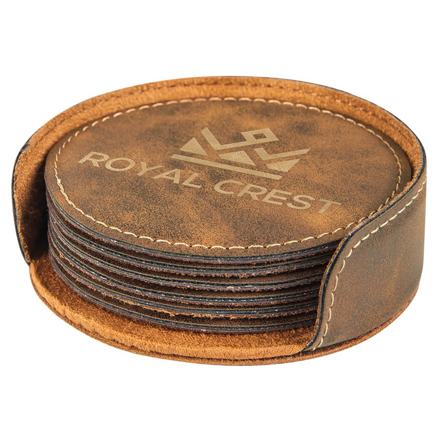 4-inch round laserable leatherette 6-coaster set, rustic brown coasters with Road 'x' Rest text