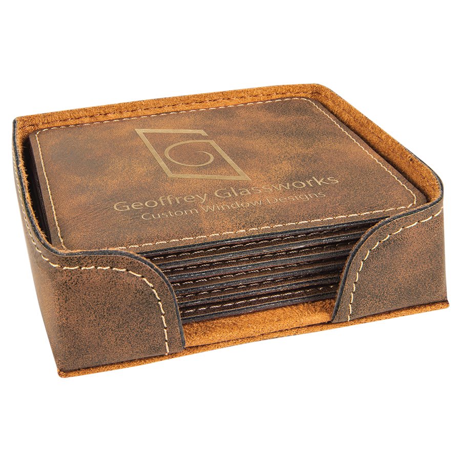 Square laserable leatherette coaster set, tan-brown top with engraved-style text and stitching