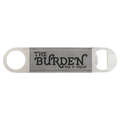 Bottle opener with gray leatherette strap, metal rings, The Burden & Grille printed