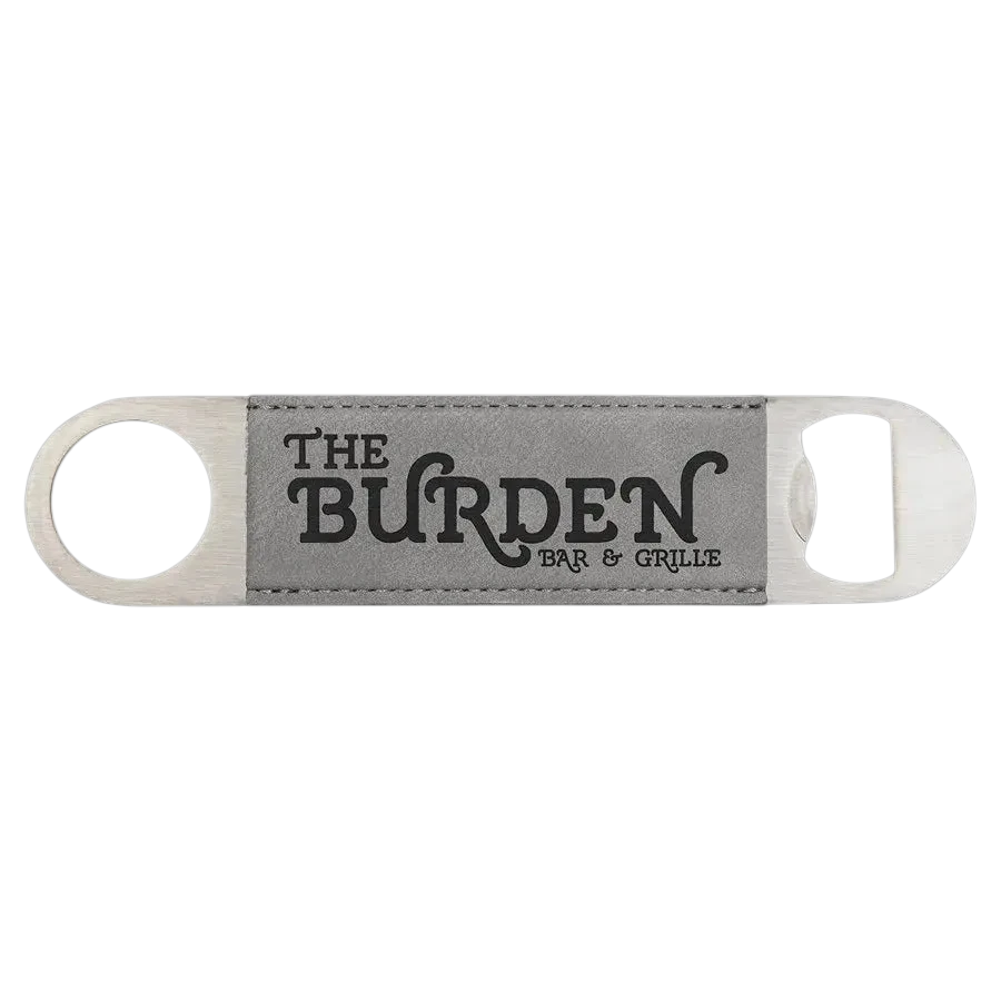 Bottle opener with gray leatherette strap, metal rings, The Burden & Grille printed