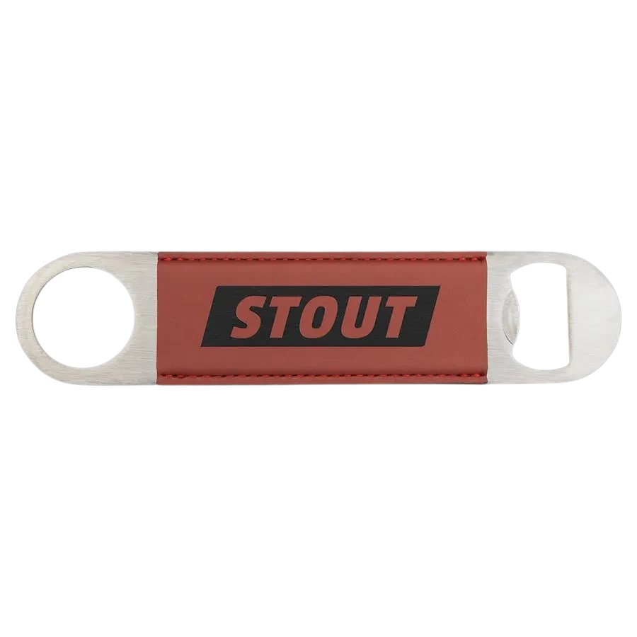 Bottle opener with red leatherette strap, metal rings, STOUT printed logo