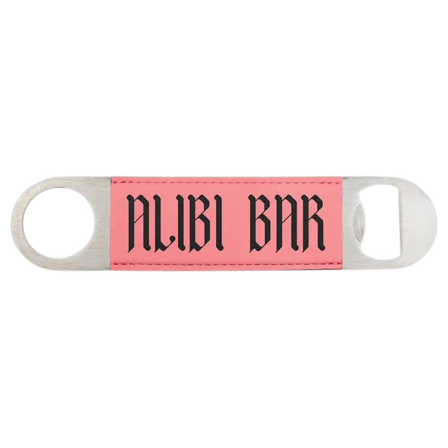 Bottle opener with pink leatherette strap, metal rings, NUBI BNR black printed text