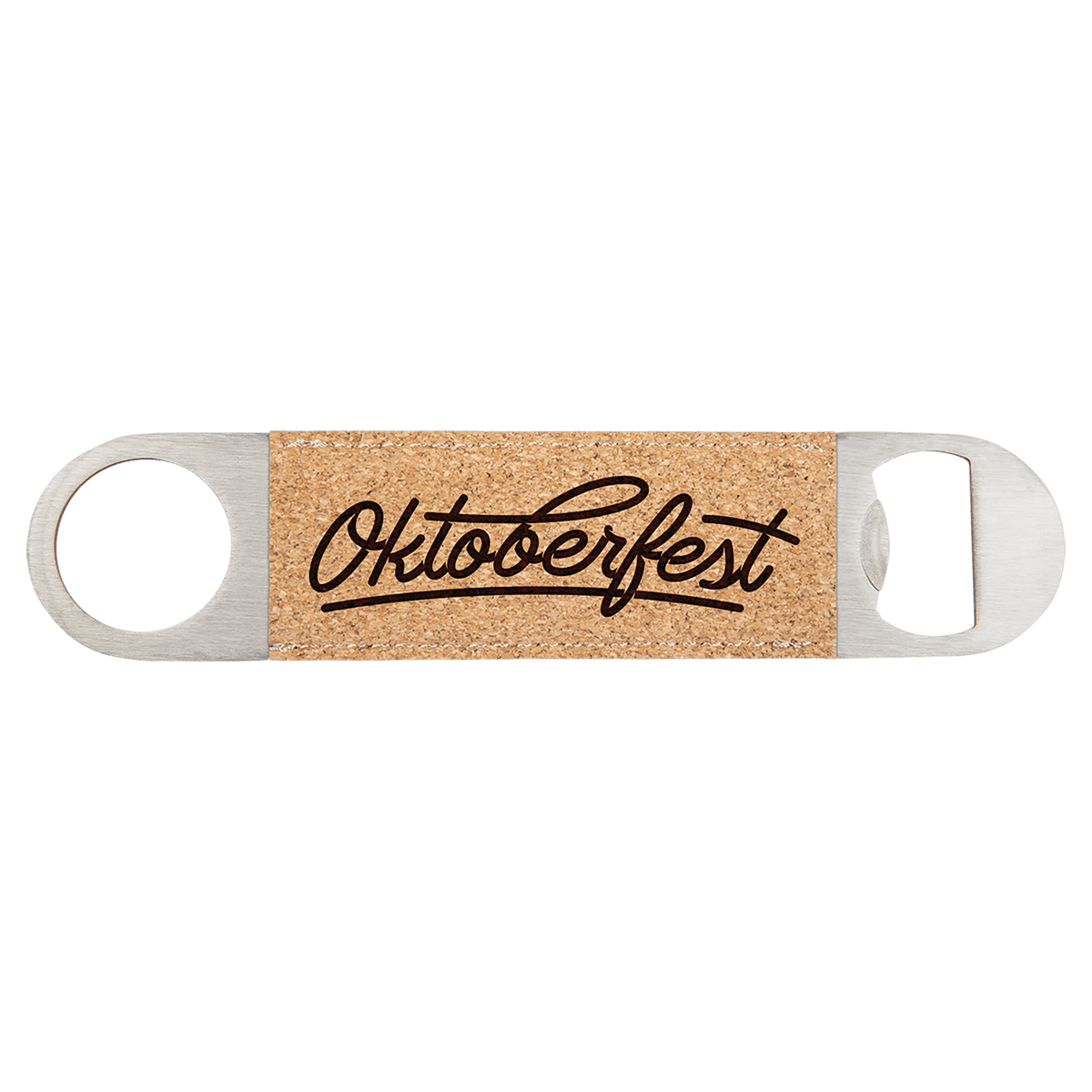 Bottle opener with cork-style leatherette strap, metal rings, Oktoberfest printed text