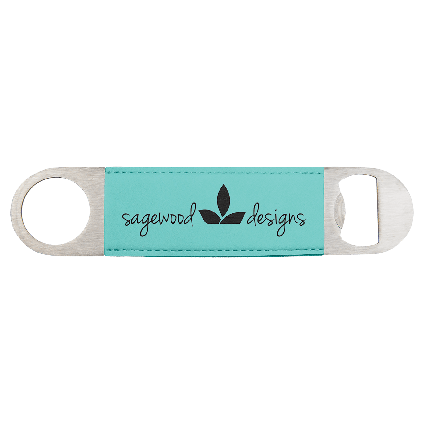 Bottle opener with teal leatherette strap, metal rings, sagewood designs logo text