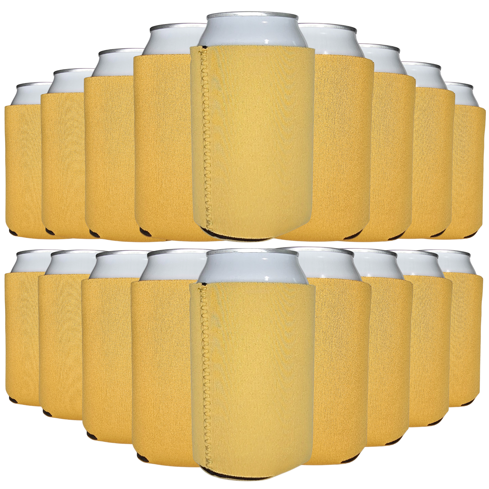 Gold neoprene can cooler sleeve with stitched vertical seam, fits standard cans
