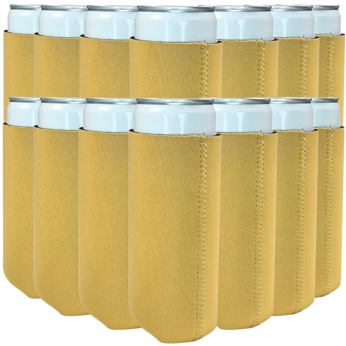 Slim-size neoprene can cooler set, gold sleeves with white top rings