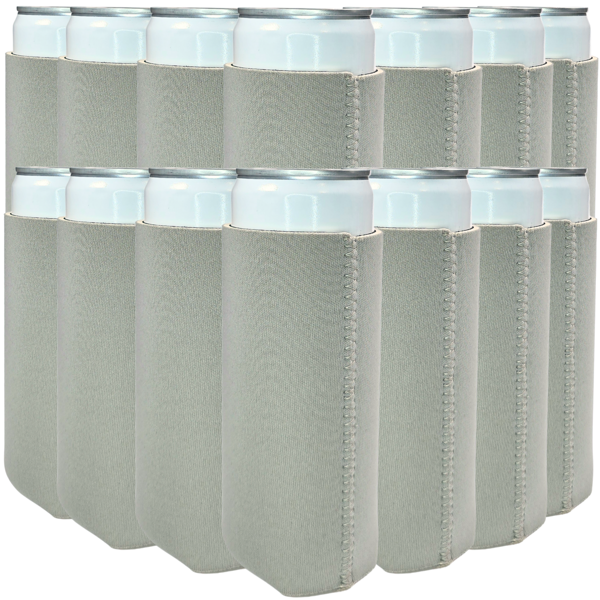 Slim-size neoprene can cooler set, light gray sleeves with white top rings