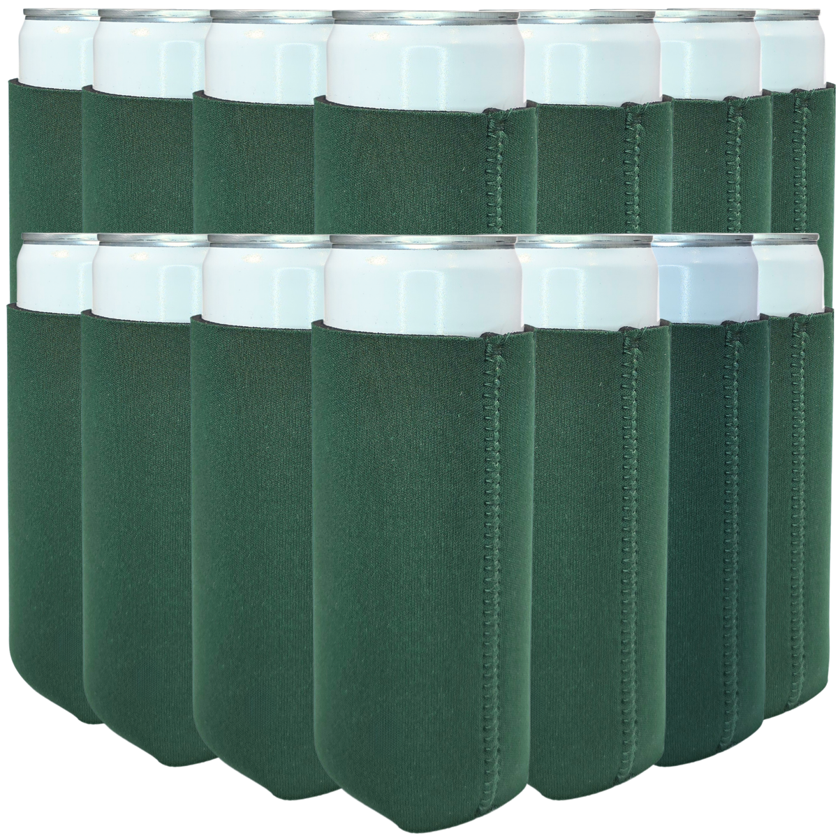 Slim-size neoprene can cooler set, dark green sleeves with white top rings