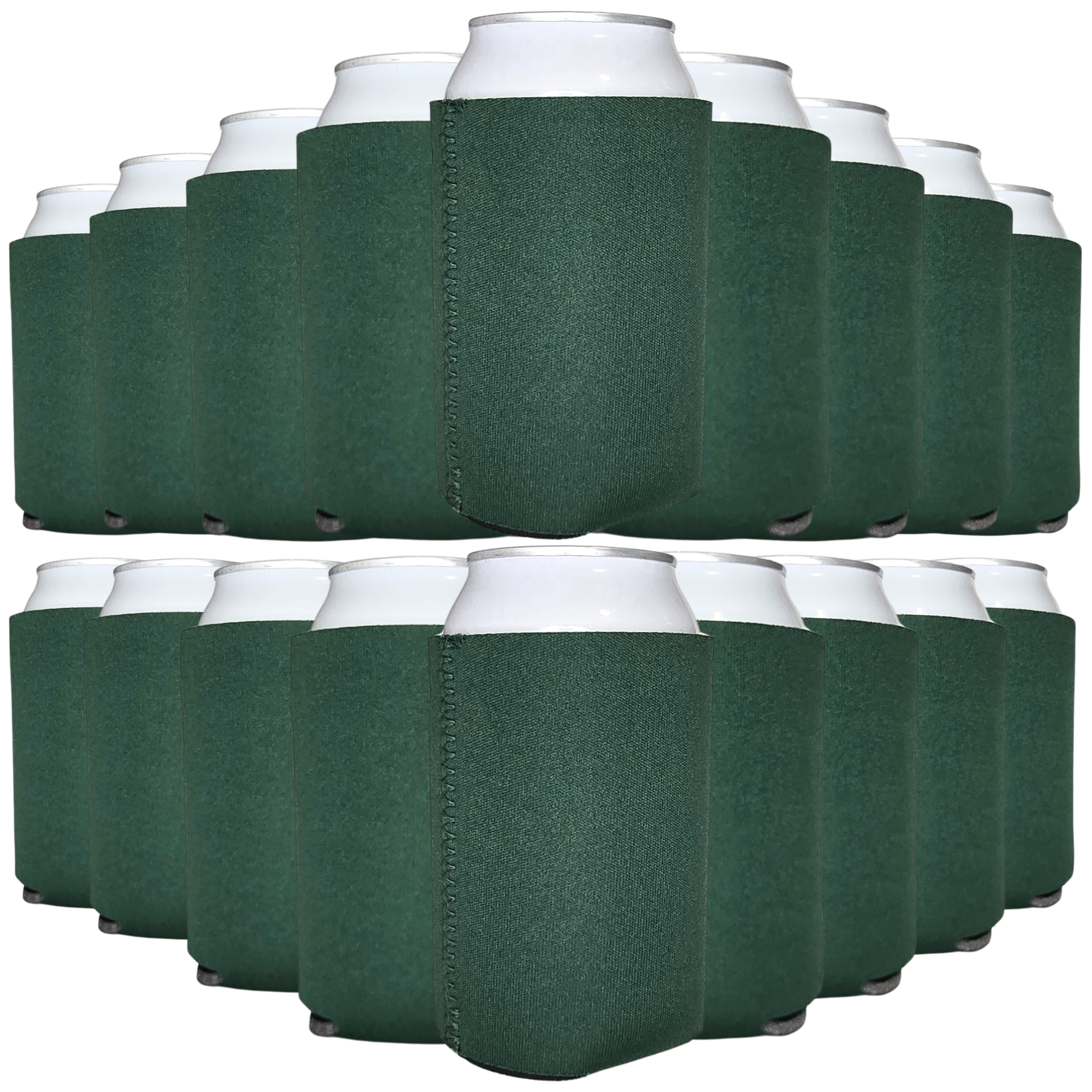 Dark green neoprene can cooler sleeve with stitched vertical seam, fits standard cans