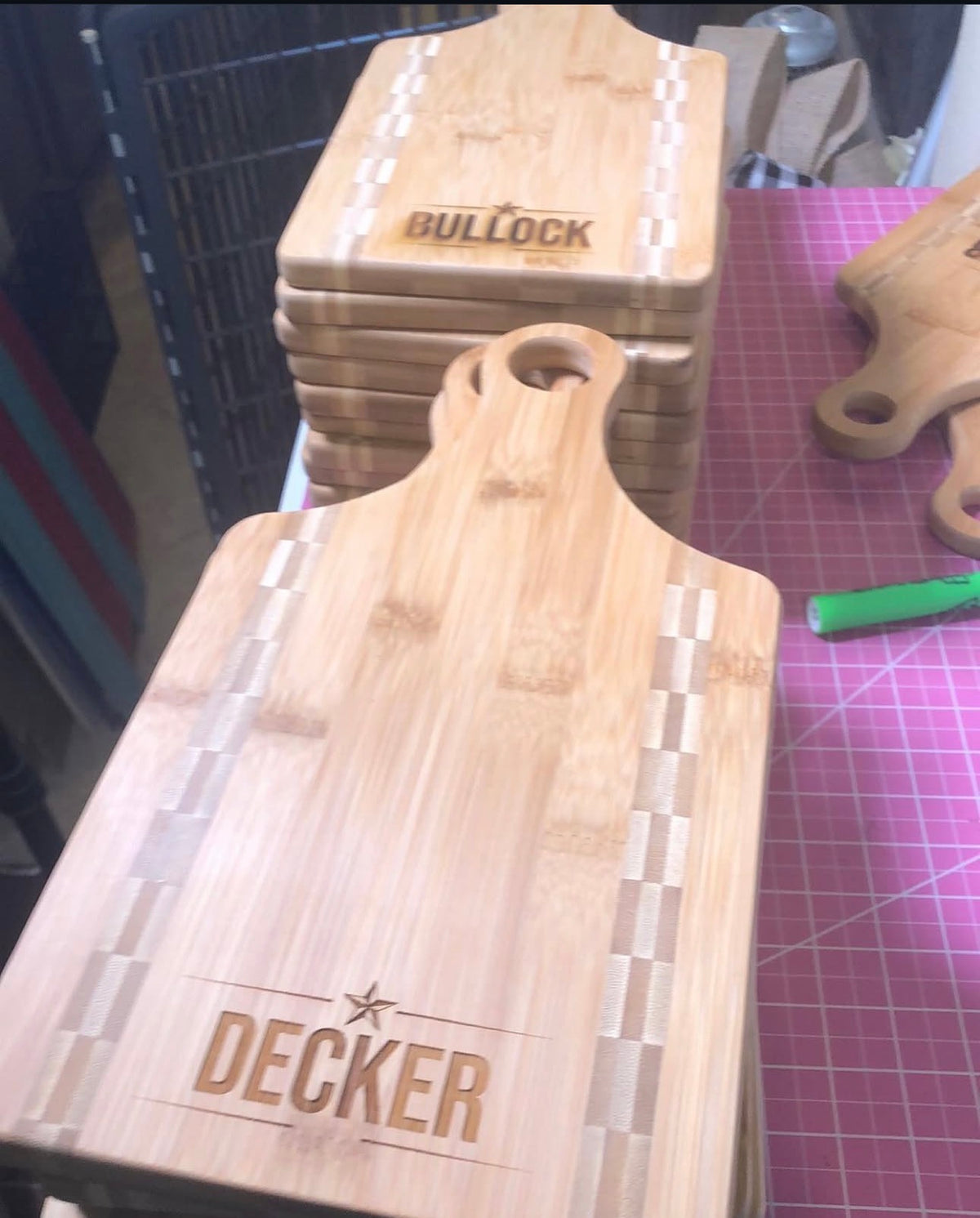 Stacks of engraved cutting boards