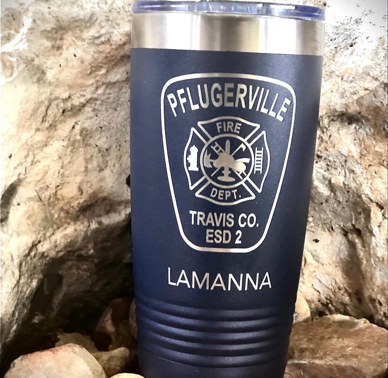 Blue tumbler with Pflugerville Fire logo engraved