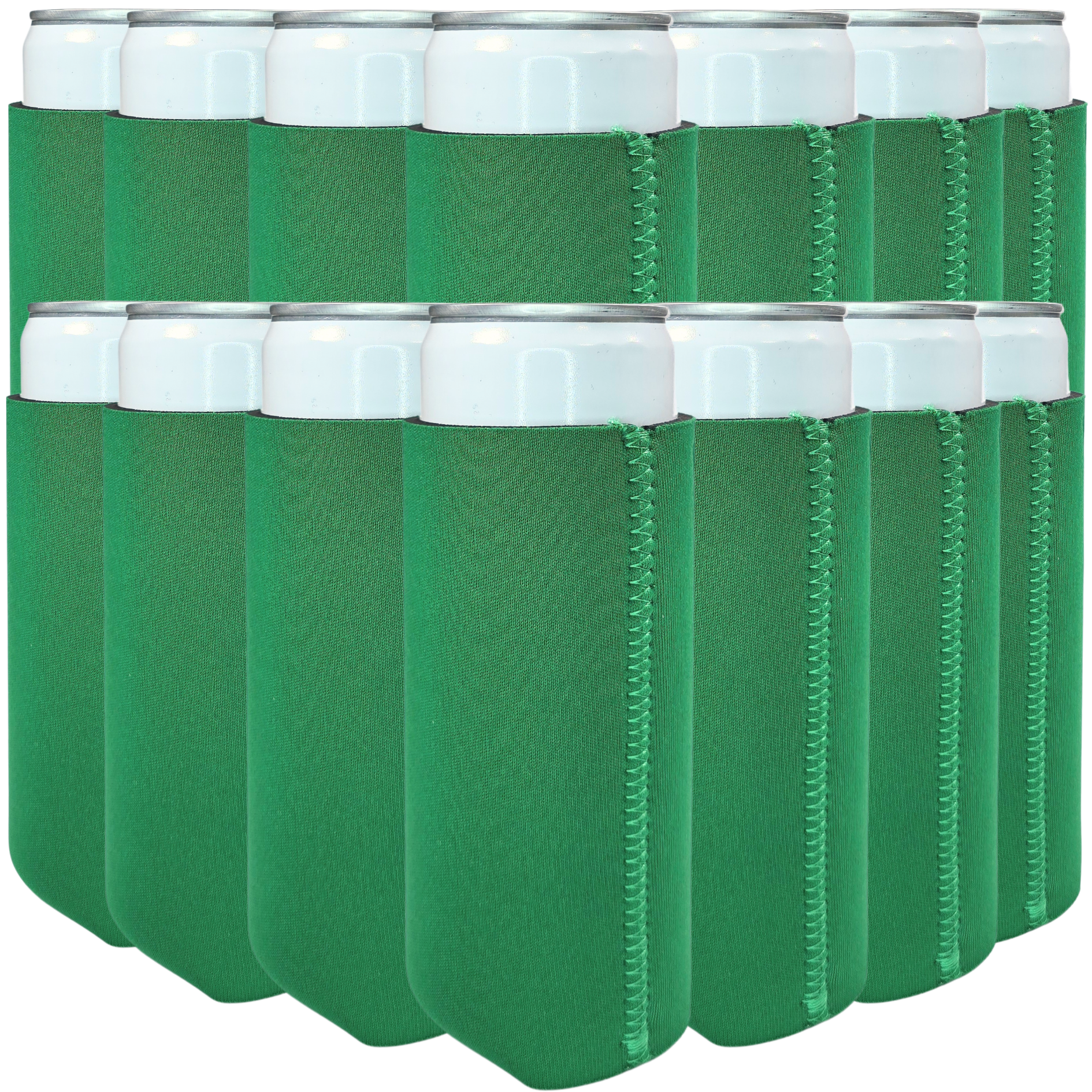 Slim-size neoprene can cooler set, green sleeves with white top rings