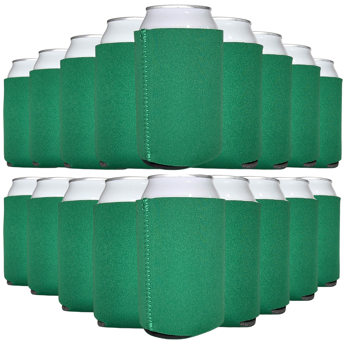 Green neoprene can cooler sleeve with stitched vertical seam, fits standard cans