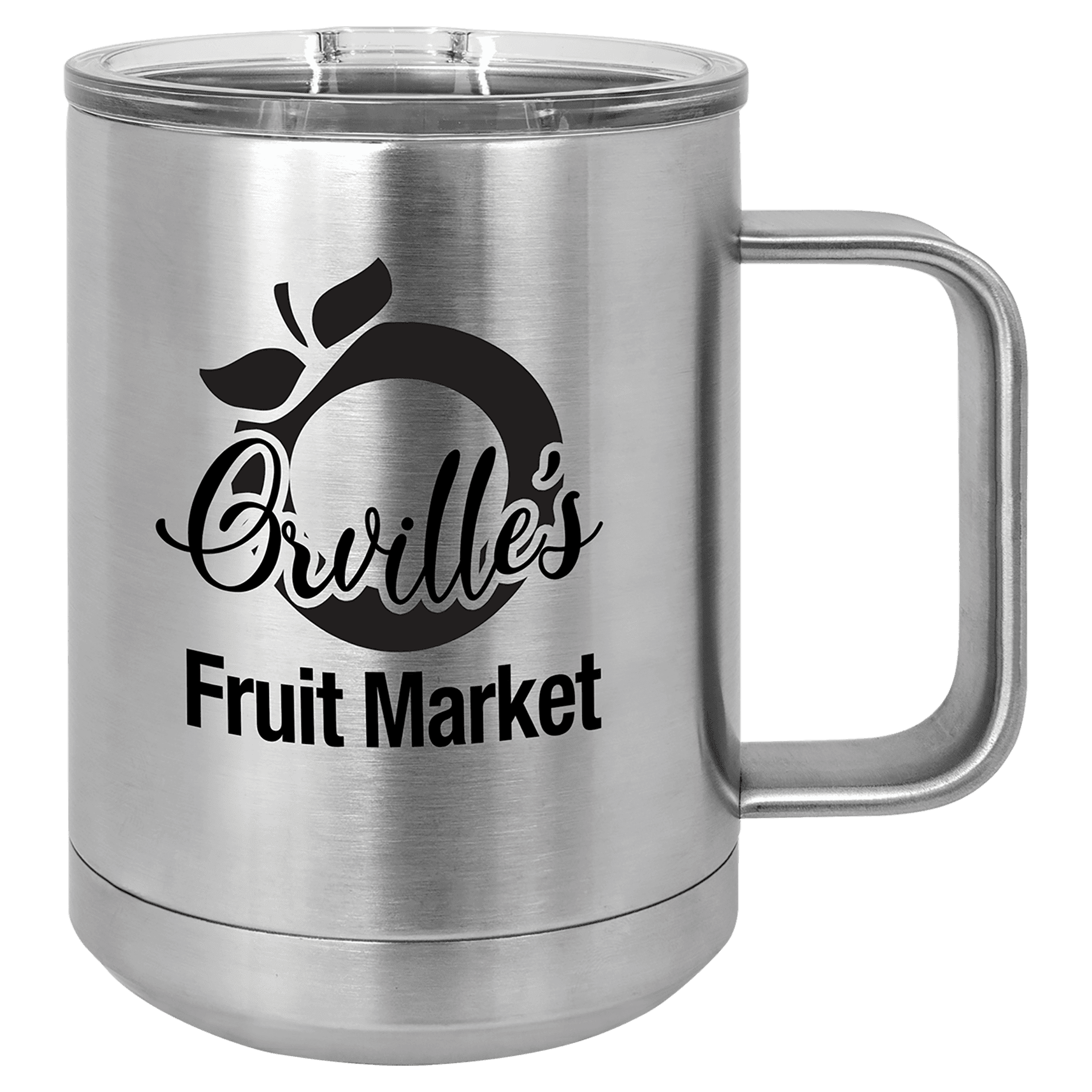 Stainless steel insulated mug with slider lid, “Fruit Market” fruit graphic