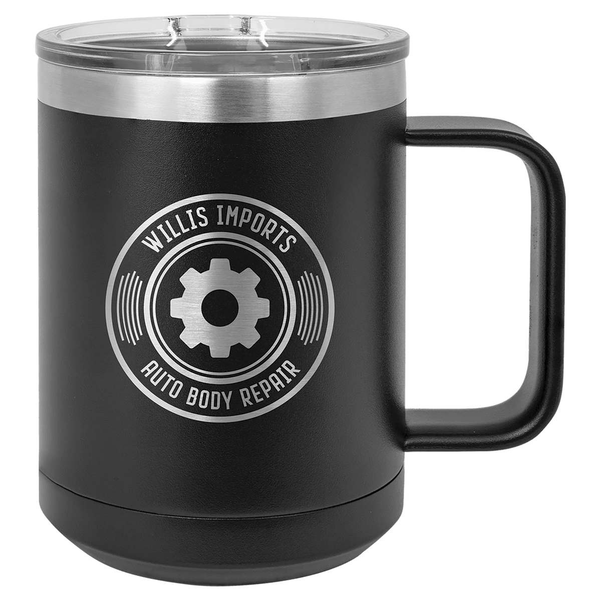 Black insulated mug with slider lid, circular gear “Auto Body Repair” logo
