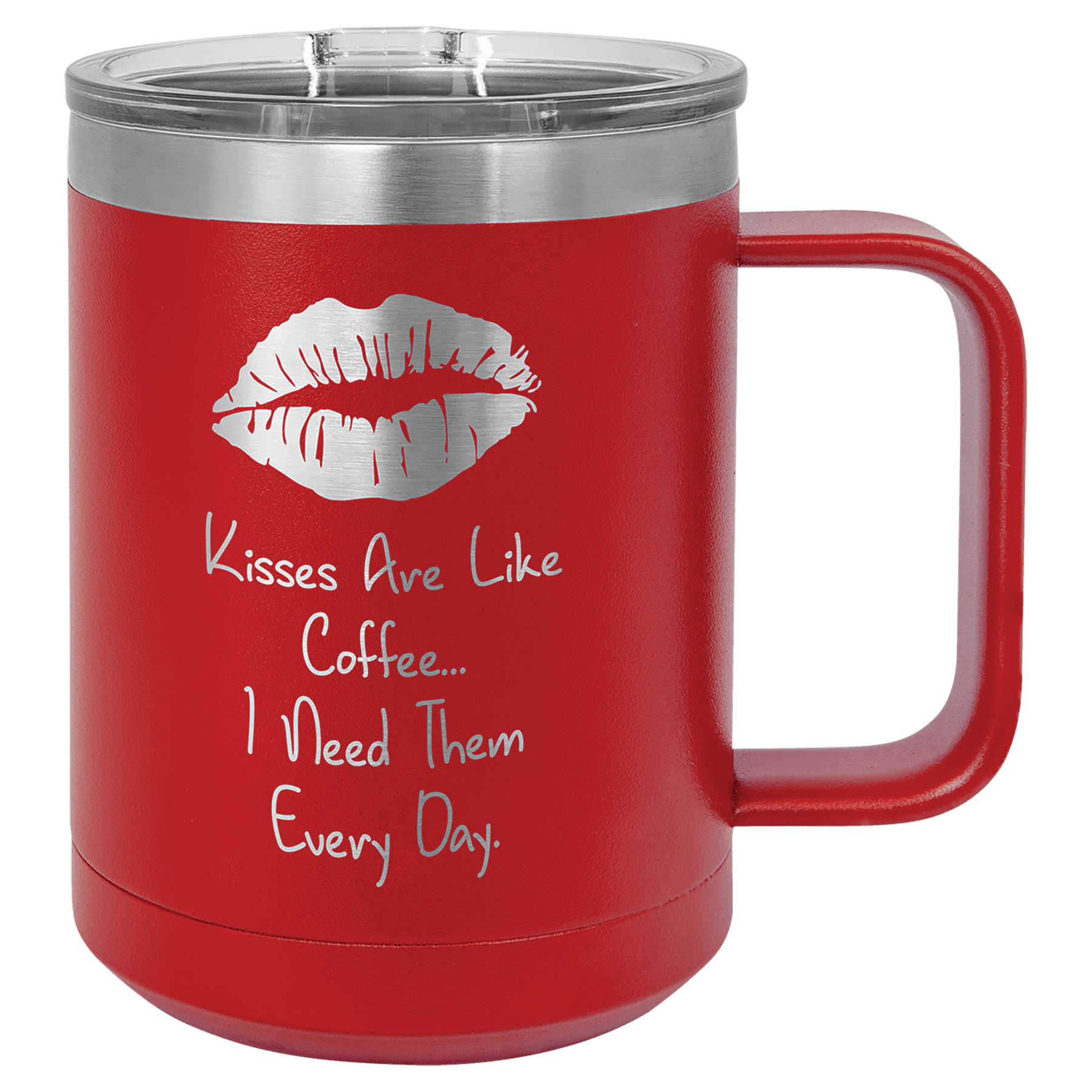 Red insulated mug with slider lid, lips graphic and “Coffee Every Day” text