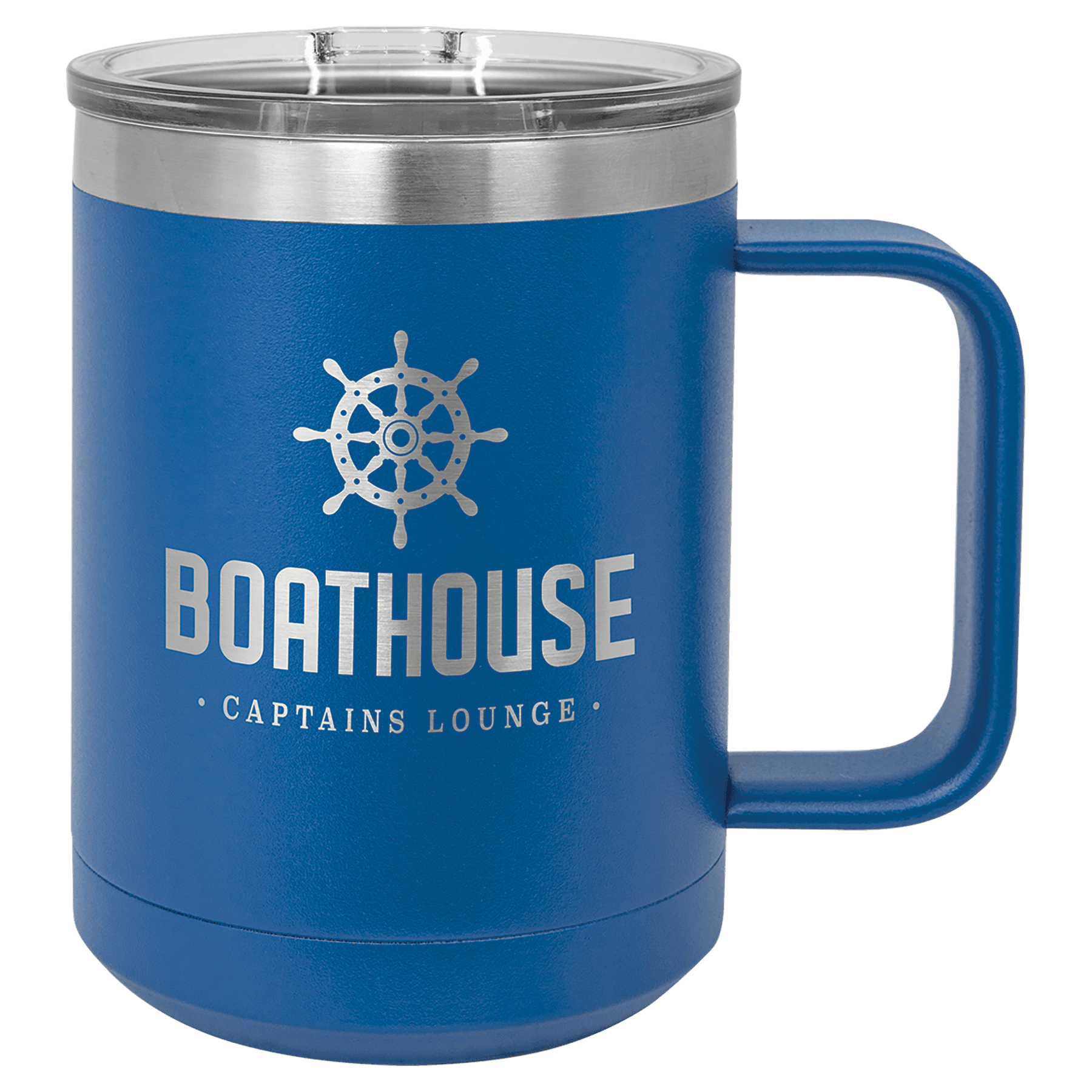 Blue insulated mug with slider lid, ship wheel icon and “BOATHOUSE” text
