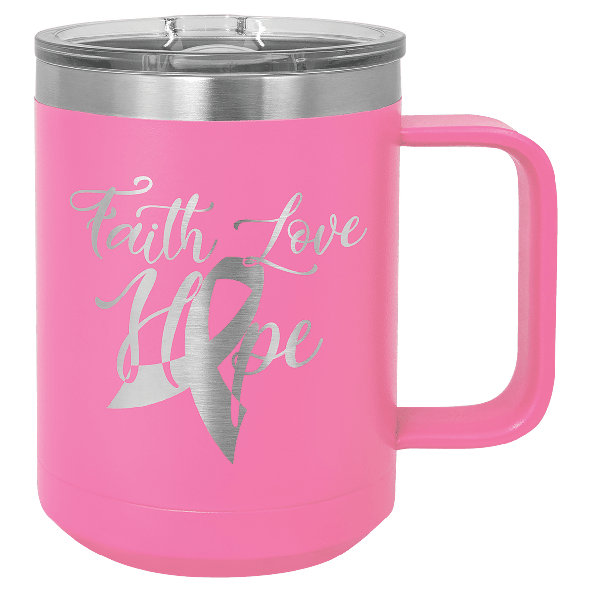 Pink insulated mug with slider lid, heart-shaped logo and “Faith Love Hope” text