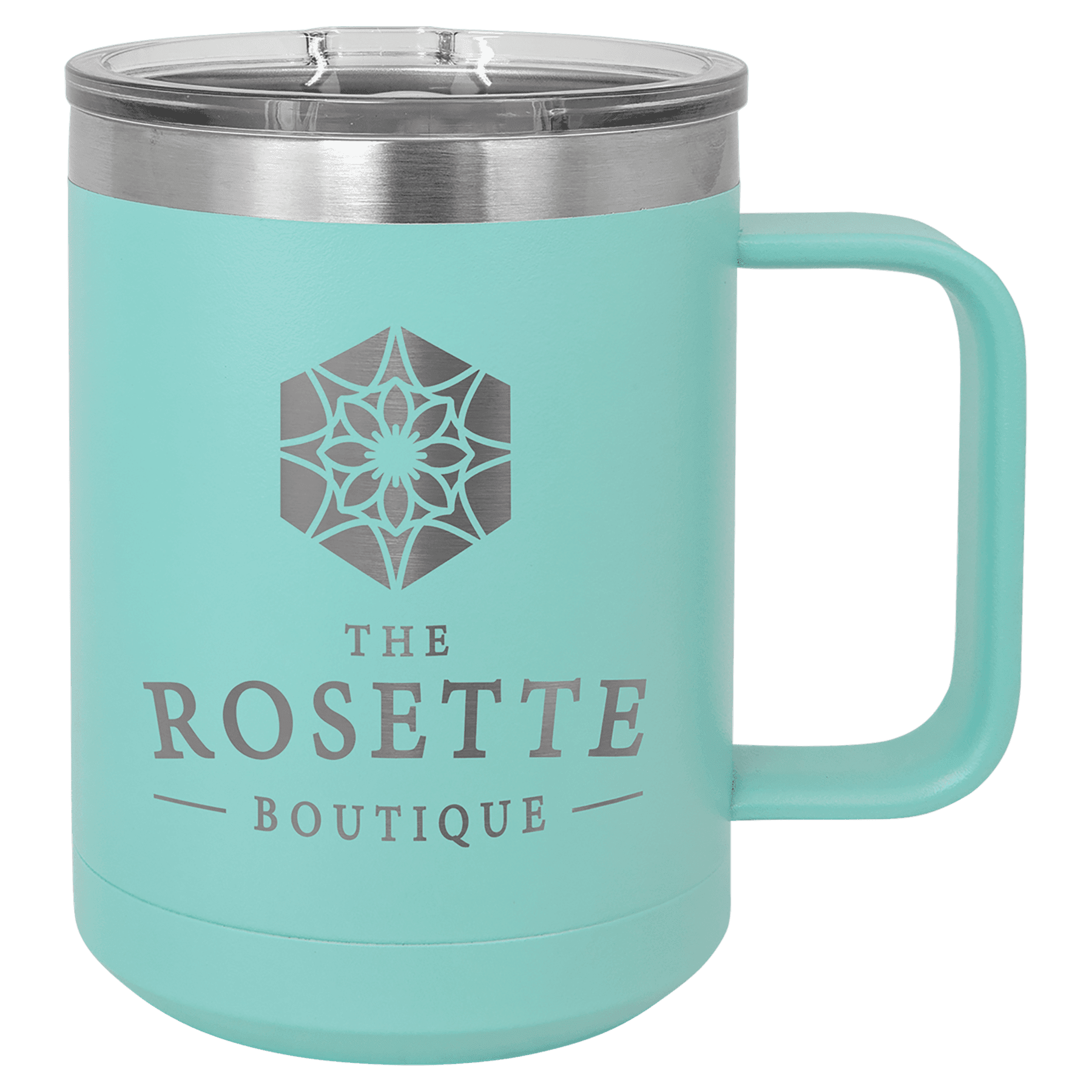 Teal insulated mug with slider lid, geometric emblem and “The Rosette Boutique”
