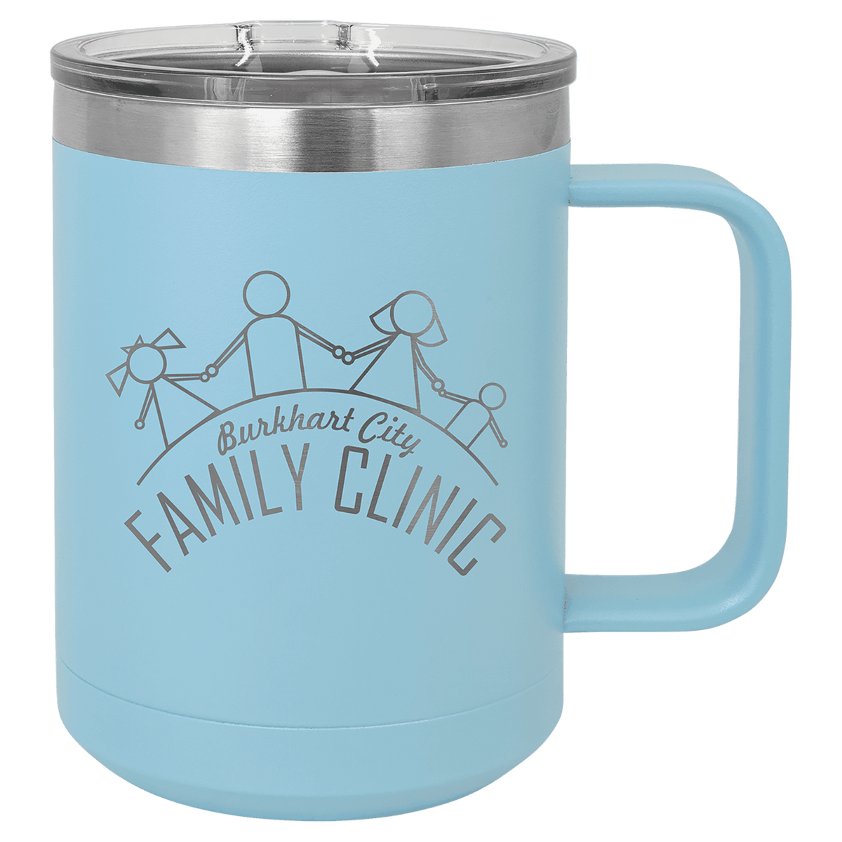 Light blue insulated mug with slider lid, family clinic crest graphic