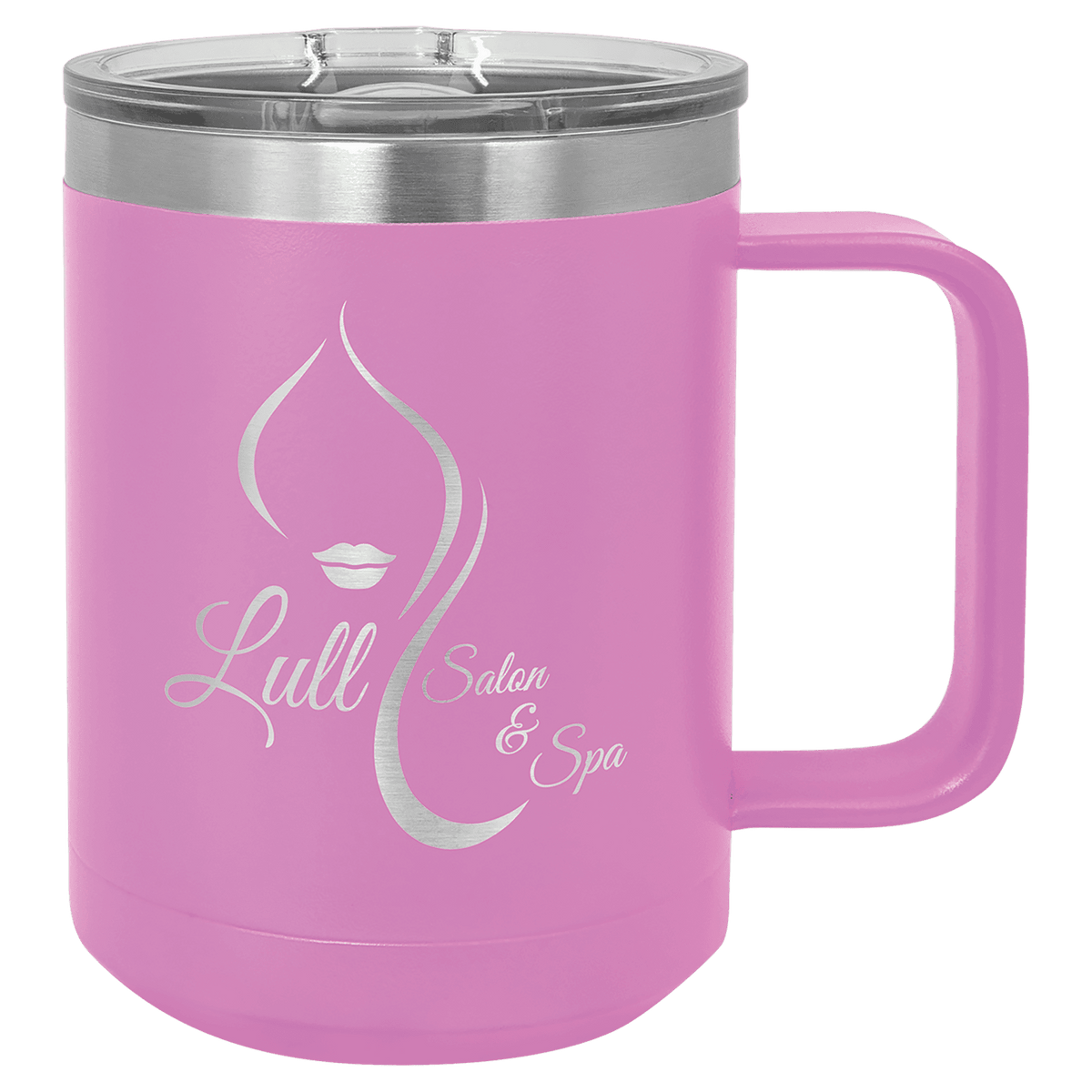 Pink insulated mug with slider lid, face emblem and “Lulu Salon & Spa” text