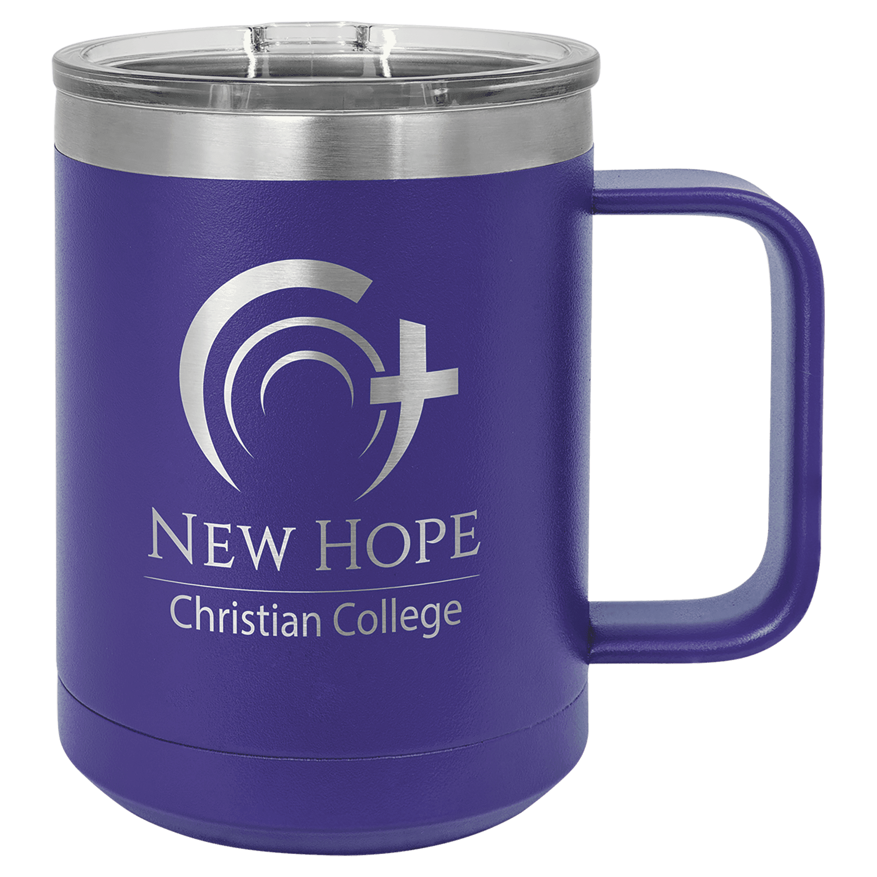 Dark blue insulated mug with slider lid, target icon and “New Hope Christian College”