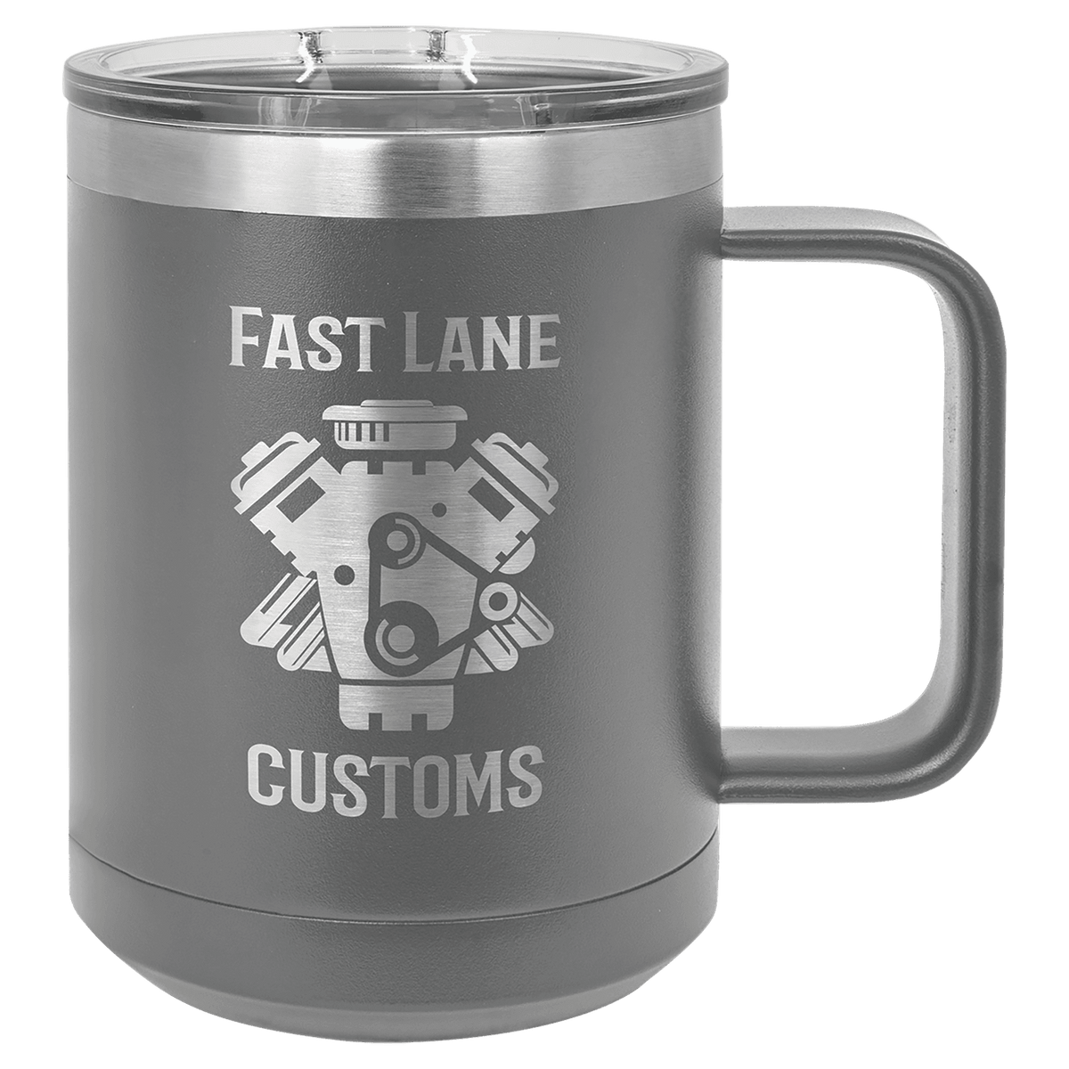 Gray insulated mug with slider lid, wrench logo and “Fast Lane Customs” text