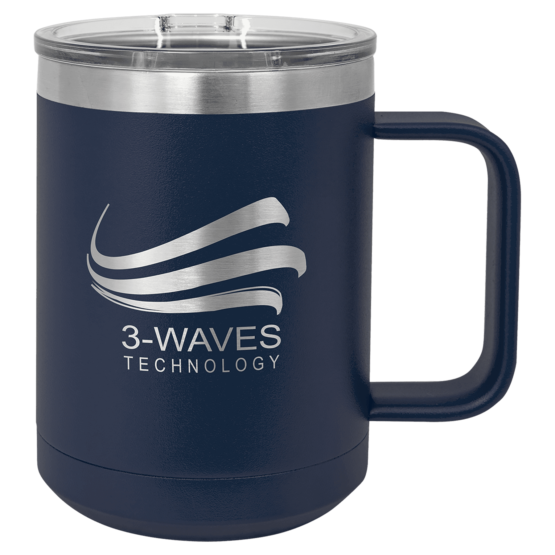 Navy blue vacuum insulated mug with clear slider lid and 3-WAVES logo