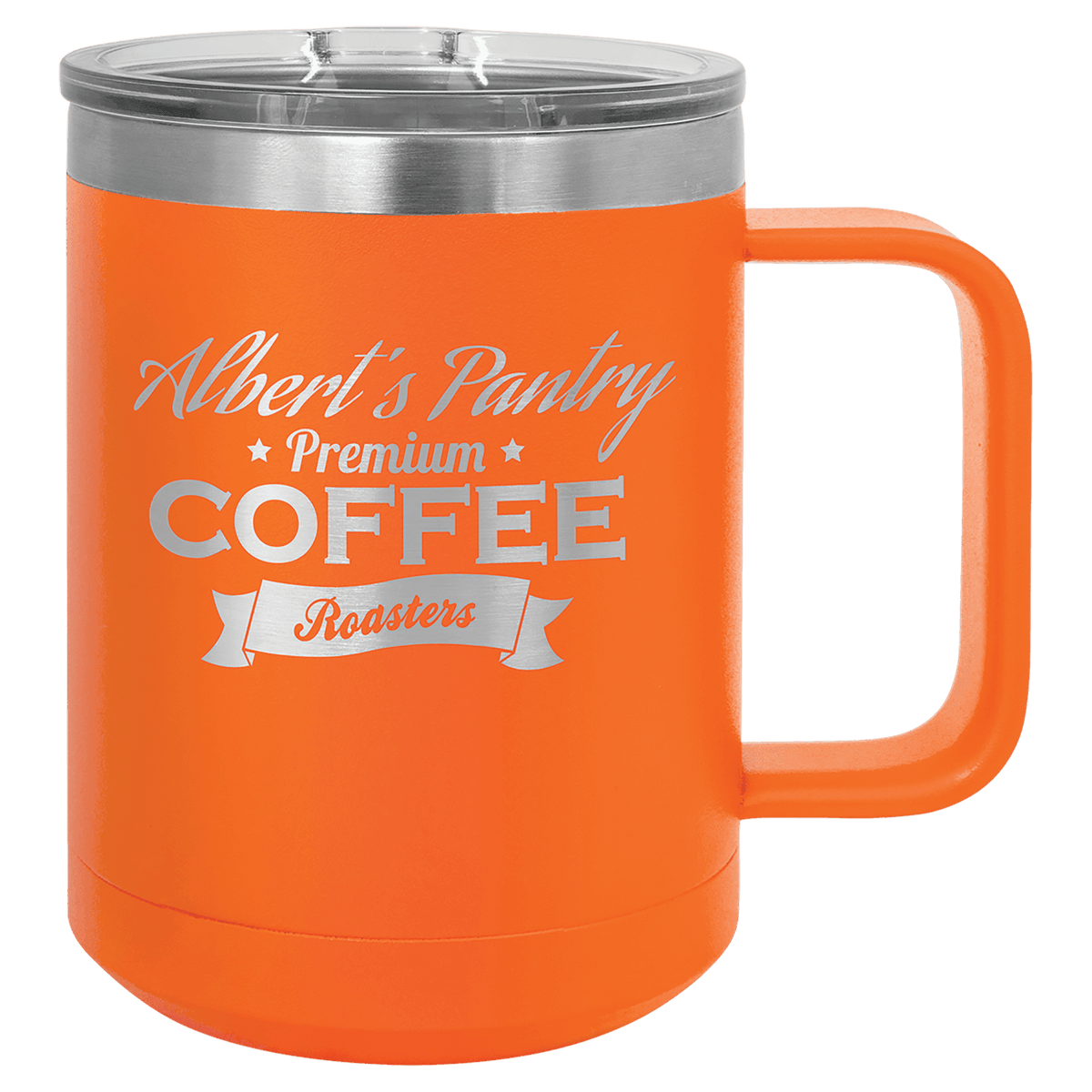 Orange vacuum insulated mug with clear slider lid and coffee roasters graphic