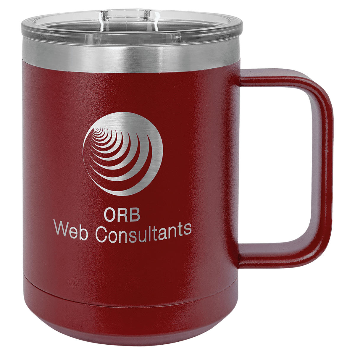Red vacuum insulated mug with clear slider lid and ORB Web Consultants logo