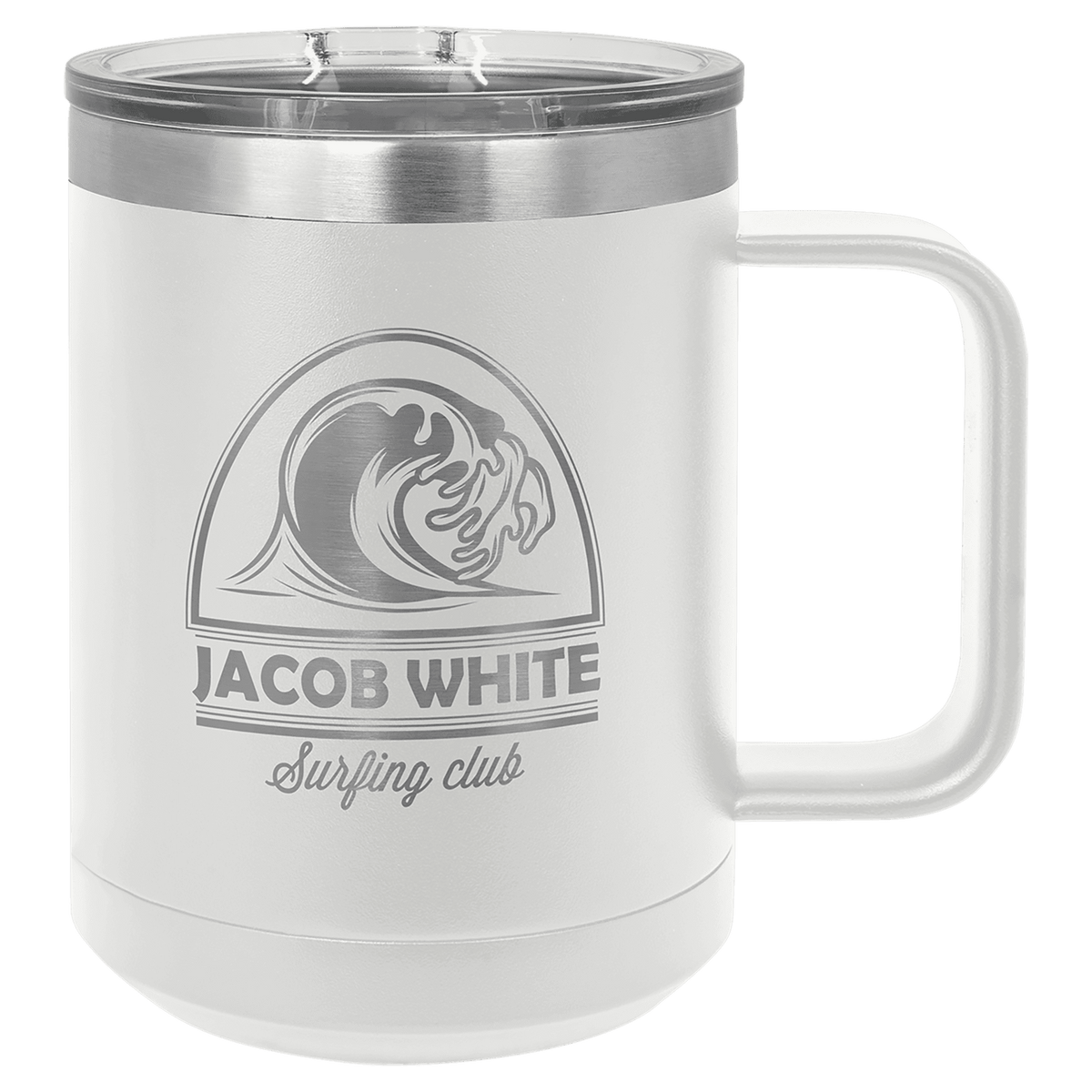 White vacuum insulated mug with clear slider lid and JACOB WHITE surfing club logo