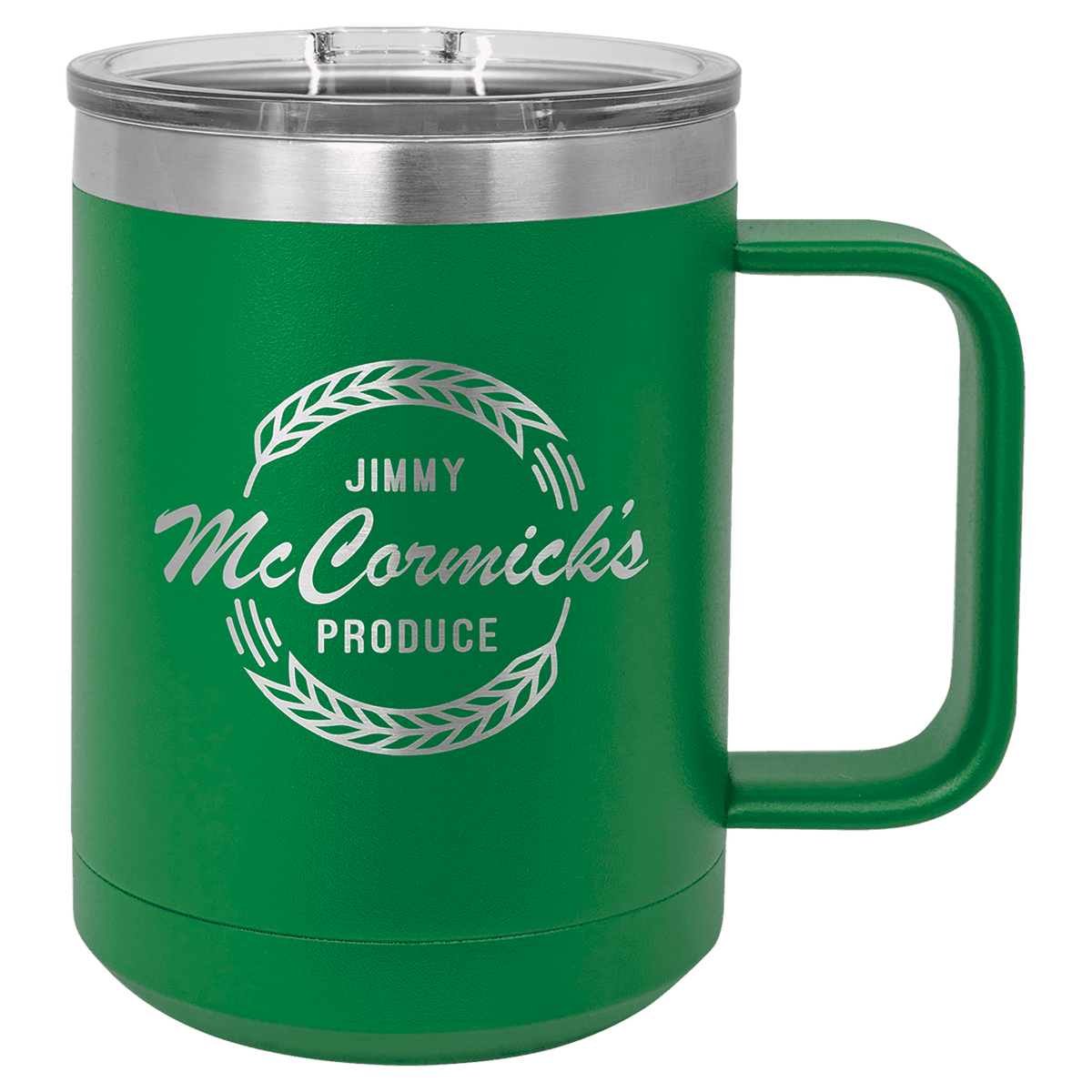 Green vacuum insulated mug with clear slider lid and McCormicks produce emblem
