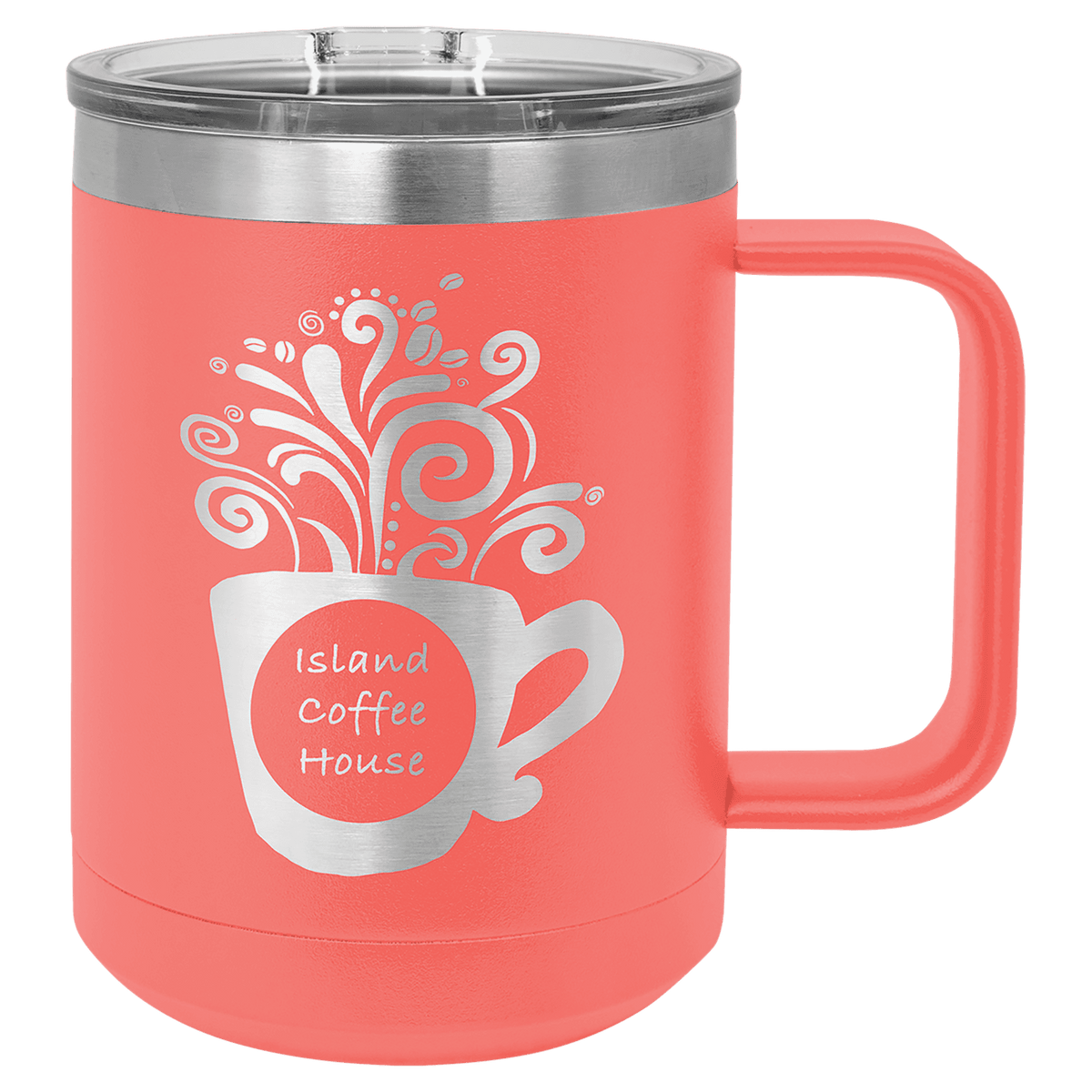 Coral pink vacuum insulated mug with clear slider lid and Island coffee house design