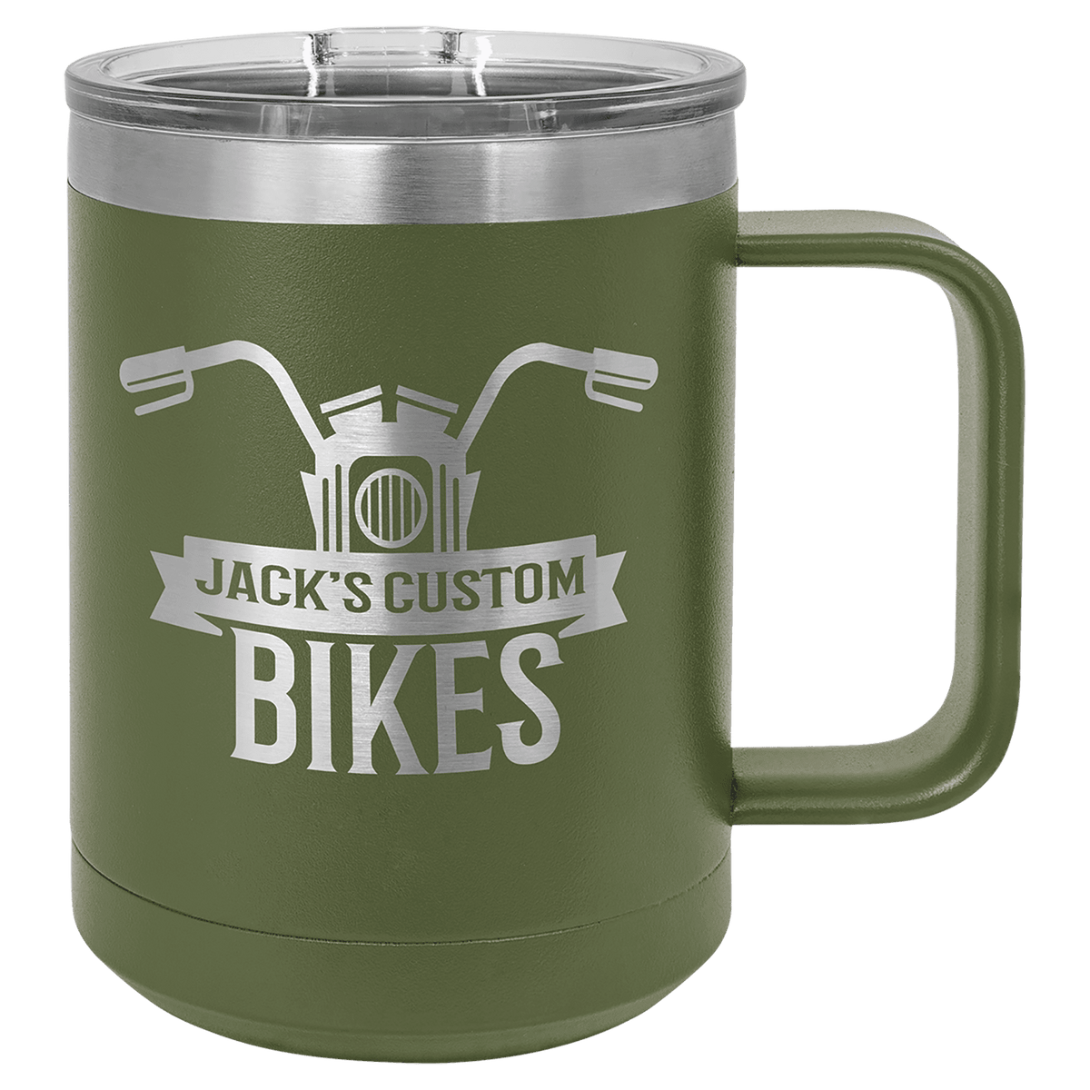 Olive green vacuum insulated mug with clear slider lid and Jack’s Custom BIKES logo
